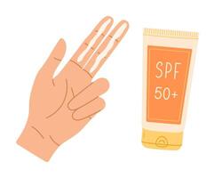 Hand with SPF cream on two fingers. How to apply sunscreen on the face. Flat illustration vector