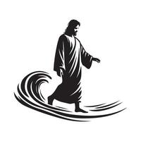 Jesús caminando en agua ilustración en negro y blanco vector