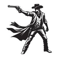 a cowboy shootout pose illustration in black and white vector