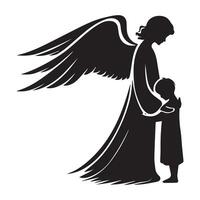 un ángel abrazando un niño ilustración en negro y blanco vector