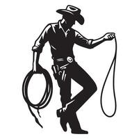 a cowboy holding reins and lasso illustration in black and white vector