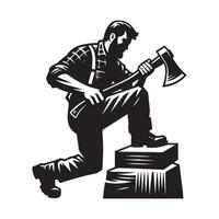 illustration of A lumberjack chopping wood block in black and white vector