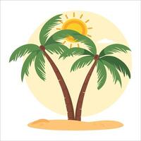 illustration of two palm trees with the sun behind them vector