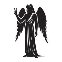 an angel showing peace sign illustration in black and white vector