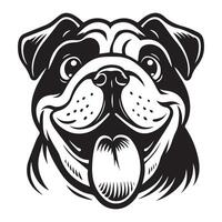 A Playful English bulldog face illustration in black and white vector