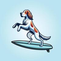 English Setter Dog playing surfboards Dog Surfing illustration vector