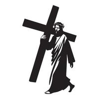 Jesus Walking with the cross illustration in black and white vector