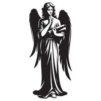 An angel holding scroll illustration in black and white vector