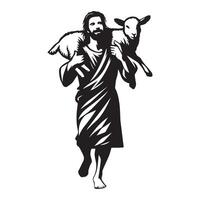 Jesus carrying a lamb on his shoulders illustration in black and white vector