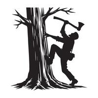 un hombre alpinismo en un árbol maletero con hacha ilustración en negro y blanco vector