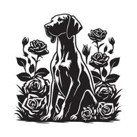 Vizsla Dog in a Rose Garden illustration in black and white vector