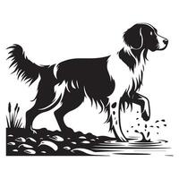 Brittany Spaniel by Creek illustration in black and white vector