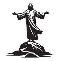 Jesús en pie en un rock con brazos extendido ilustración en negro y blanco vector