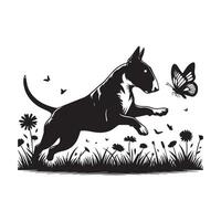 toro terrier persiguiendo mariposa en campo ilustración en negro y blanco vector