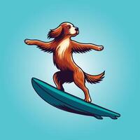 Field Spaniel Dog playing surfboards Dog Surfing illustration vector