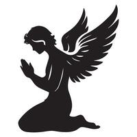 an angel kneeling in prayer illustration in black and white vector