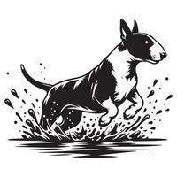 Bull Terrier Splashing Through Puddles illustration in black and white vector