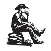 A Cowboy sitting on a rock illustration in black and white vector