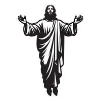 Jesus ascending to heaven with hands lifted illustration in black and white vector