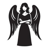 an angel in arm crossed illustration in black and white vector