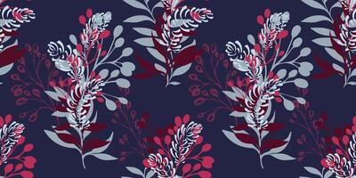 Abstract artistic seamless pattern with colorful bouquet branches, leaves and unique forms. hand drawing illustration. Creative shapes leaf stems printing on a dark blue background. vector