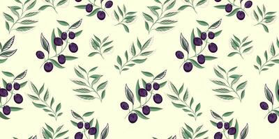 Abstract artistic branches with creative olive berries, shapes leaves scattered randomly on a seamless pattern. Pastel tiny leaf stems printing on a light background. hand drawing sketch. vector