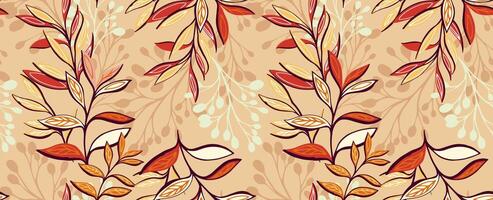 Abstract artistic autumn jungle seamless pattern with branches, creative leaves, unique leaf stems, tropical plants on a beige background. Colorful yellow orange botanical print. hand drawing. vector