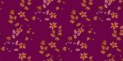 Burgundy seamless pattern with wild floral stems. Abstract artistic branches with tiny ditsy flowers, bells, leaves intertwined in printing. hand drawn. Template for design, fabric, fashion vector