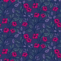 oscuro azul sin costura modelo con resumen artístico entrelazados floral tallos. floreciente salvaje ramas con hojas, ditsy flores, brotes impresión. mano dibujado. modelo para diseños vector