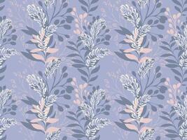 Abstract artistic jungle seamless pattern with shapes branches, leaves, creative shapes. Pastel unique botanical printing on a blue background. hand drawing sketch. Collage template design vector