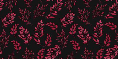 Dark seamless pattern with abstract shapes tiny branches, little flowers buds. Small red silhouettes floral stems printing on a black background. hand drawing sketch. Simple ornament vector