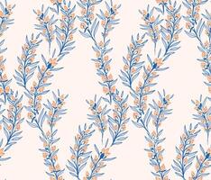 Artistic abstract blue branches with ditsy flowers, small buds and tiny leaves intertwined in a seamless pattern. hand drawing. Creative wild floral stems printing on a beige background. vector