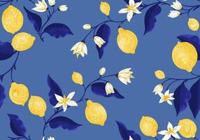 Colorful blue seamless pattern with yellow lemons on branches and leaves. hand drawing illustration. Abstract artistic citrus stems repeated printing. Ornament for designs textiles kitchen vector