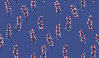 Abstract, artistic branches with tiny buds flowers and small leaves scattered randomly in a seamless pattern. Blue background with creative wild floral stems printing. hand drawing sketch. vector