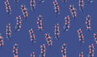 Abstract, artistic branches with tiny buds flowers and small leaves scattered randomly in a seamless pattern. Blue background with creative wild floral stems printing. hand drawing sketch. vector