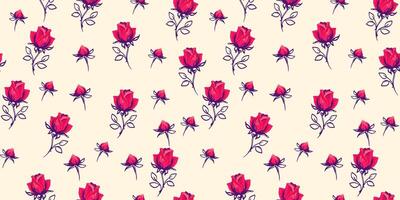 Abstract tiny rosebuds, small rose, little buds scattered randomly in a seamless pattern. Creative cute red flowers printing on a light background. hand drawing sketch. Ornament repeated vector