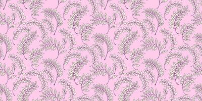 Pastel abstract small branches leaves scattered randomly in a seamless pattern. hand drawing sketch Creative tiny leaf stems printing on a pink background. Template for design vector