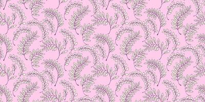 Pastel abstract small branches leaves scattered randomly in a seamless pattern. hand drawing sketch Creative tiny leaf stems printing on a pink background. Template for design vector