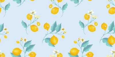 Blooming yellow lemons on branch with leaves scattered randomly on a seamless pattern. hand drawing illustration. Abstract artistic citrus fruit repeated printing on a blue background. vector