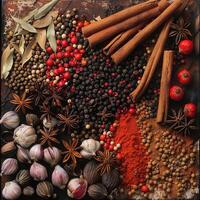 An assortment of spices including star anise, cinnamon sticks, peppercorns, and dried chilies. photo