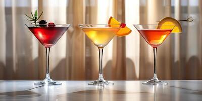 Three cocktails on a bar counter with an orange slice, a cherry, and a blackberry as garnish. photo