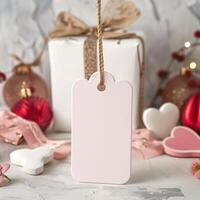 A close up of a blank scalloped edge gift tag with a tan rope tied to it. There is a present, ornaments, ribbon, and flowers in the background. photo