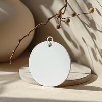 A round white tag with a hole for hanging on a string. The tag is sitting on a tan colored surface. There is a plant branch with green leaves and brown berries in the background. photo