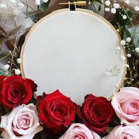 An embroidery hoop with a blank canvas surrounded by red and pink roses. photo