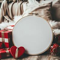 Embroidery hoop on the background of a cozy home interior with presents and Christmas decorations. photo