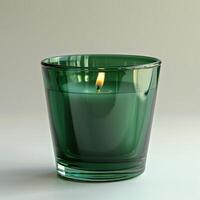 A green glass candle holder with a burning candle inside on a white background photo
