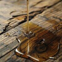 The rich, dark liquid of a fine scotch whisky being poured onto a wooden table. photo