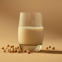 A glass of soy milk with soybeans spilled next to it on a beige background. photo