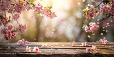 Cherry blossoms in full bloom against a blurred background with a wooden table in the foreground photo