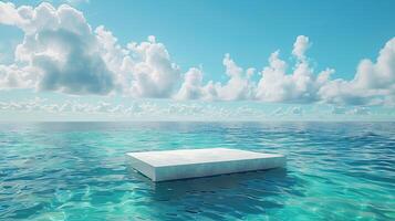 un blanco cuadrado plataforma flotante en un ondulado Oceano con un azul cielo y blanco nubes en el antecedentes. foto